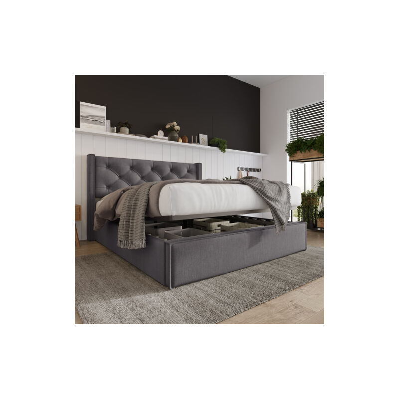 Umnuou - Lit double rembourré 140x200cm, lit avec sommier à lattes en métal, cadre de lit moderne avec espace de rangement, coton, gris