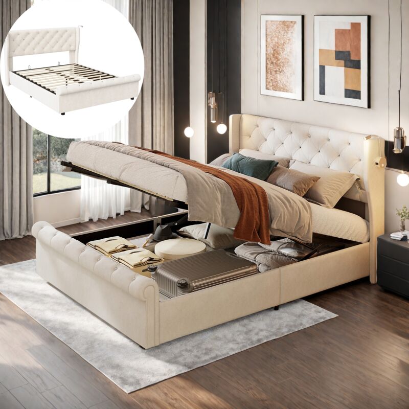 Lit coffre 160x200 cm, avec 2 lampe de lecture, rangement, USB charge, classique, sommier à lattes, cadre en métal, lit adulte capitonné en velours