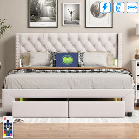 Lit coffre 140x190 cm avec 2 tiroirs  - éclairage LED et Charge USB - Sommier à lattes en bois - Poches Latérales - 2 Personnes - Tissu en velours - Beige
