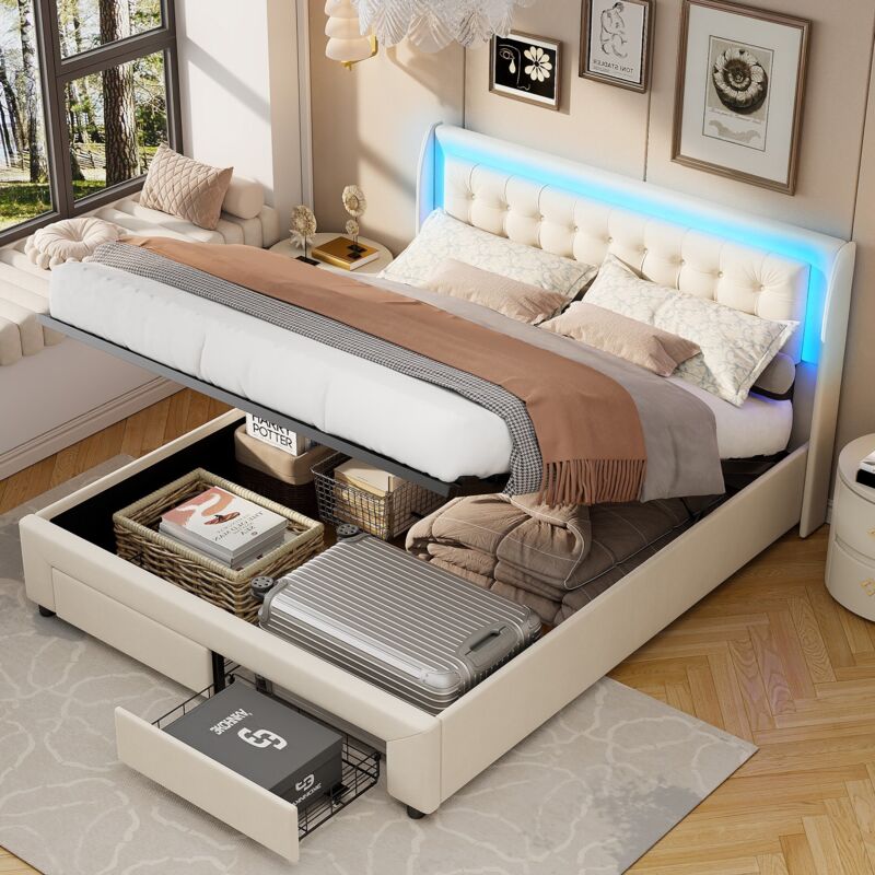 Lit coffre 160x200 cm, avec éclairage led, deux tiroirs en bout de lit, velours, rangement hydraulique, sommier à lattes, adapté aux adultes et