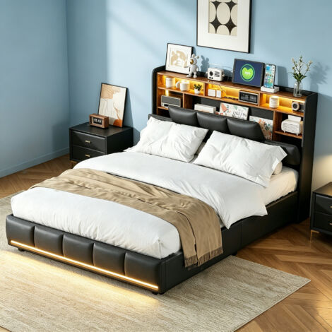 Lit coffre 140x190 cm avec éclairage LED, Lit adult avec Rangement hydraulique, lit capitonné, Sommier à lattes en bois, PU, noir