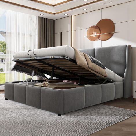 Lit coffre 140x190 cm, avec hydraulique espace de rangement, tête de lit, sommier à lattes,  tissu velours, Lit adultes capitonné - gris