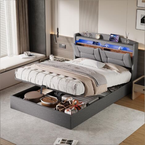 Lit coffre 140x190 cm, avec LED et USB, lit double avec sommier, Rangement Tête de Lit/Sous le Lit, Sommier à Lattes, Lin Gris Clair