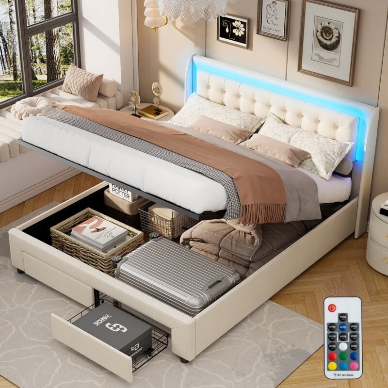 Lit coffre 160x190 cm, avec led, hydraulique de rangement, 2 tiroirs, sommier à lattes en bois, cadre en métal, lit capitonné en velours - Beige