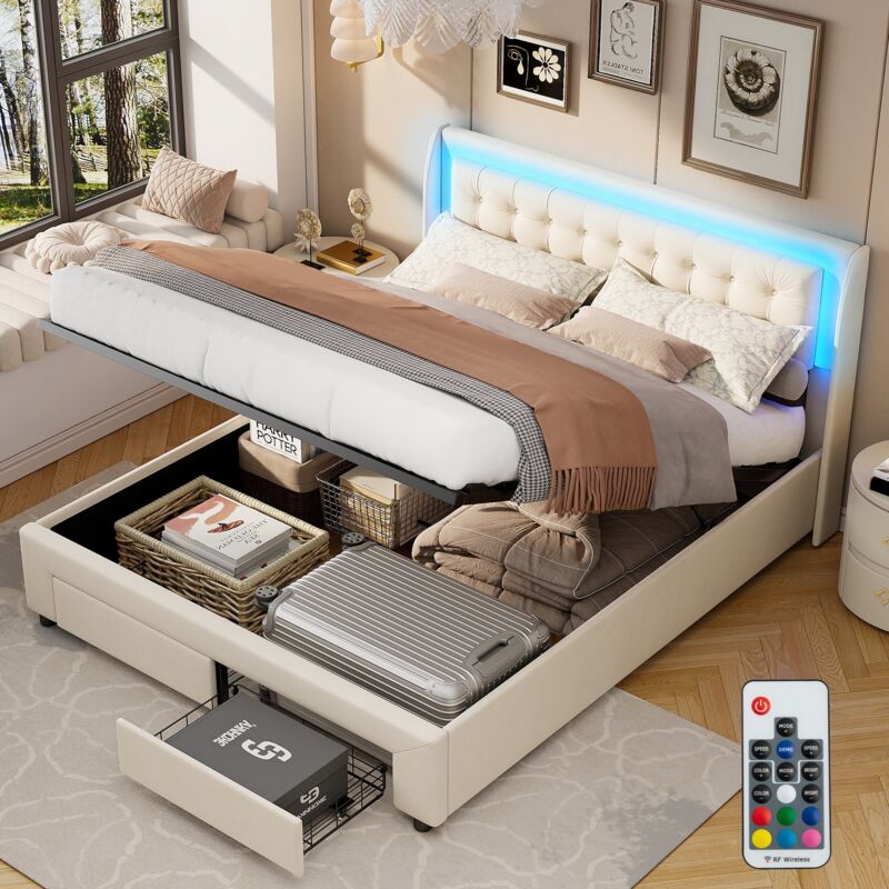 Lit coffre 160x190 cm, avec LED, hydraulique de rangement, 2 tiroirs, sommier à lattes en bois, cadre en métal, lit capitonné en velours - Beige