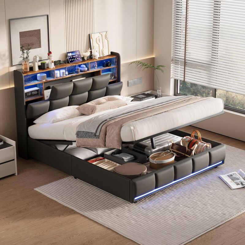 Lit coffre 140x190 cm, avec LED réglable, ports USB, structure en PU cuir, sommier à lattes, capacité de 350 kg, lit pour adultes - Noir