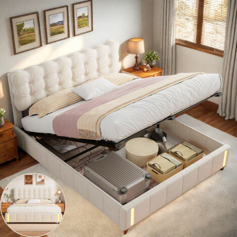 Lit coffre 140x190 cm avec rangement hydraulique , Lit double avec Éclairage LED, Lit capitonne avec sommier à lattes, Lit 2 Personnes, Lit adulte, Style Moderne, Velours, Beige