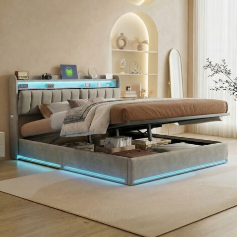 Lit coffre 140x190 cm avec rangement hydraulique, tête de lit capitonnée, LED réglable et USB, sommier à lattes, velours gris, style moderne pour chambre adulte
