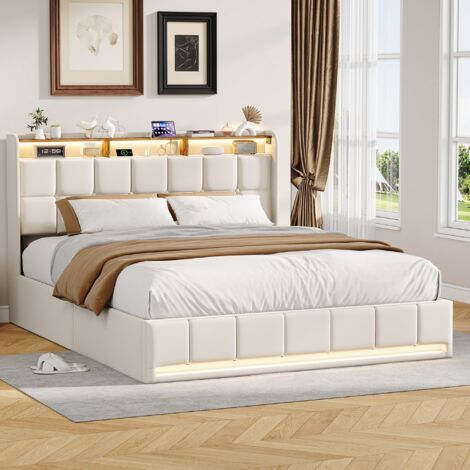 Lit Coffre 140x190 cm avec rangement hydraulique,lit double rembourré,Sommier à Lattes,LED réglable,Chargement USB,cadre de lit,tissu en lin,Beige