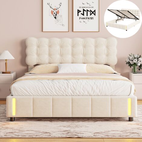 Lit coffre 140x190 cm avec rangement, Lit double 140x190 cm avec sommier LED, Lit capitonne Lit adulte, Velours, Beige
