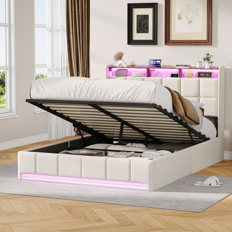 Lit coffre 140x190 cm avec rangement, Tête de lit capitonné avec éclairage LED et ports USB, Sommier à lattes, Tissu en lin, Beige