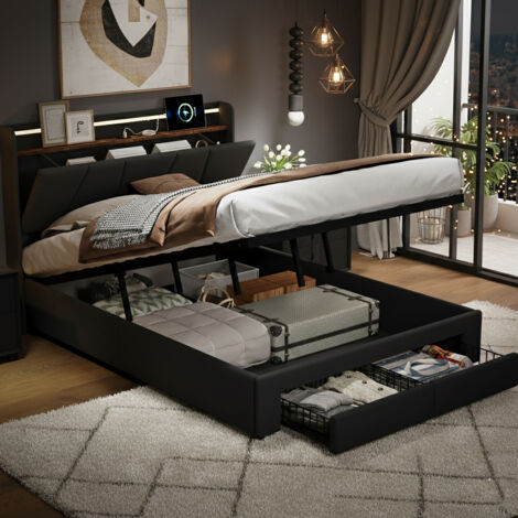 Lit coffre 140x190 cm avec sommier hydraulique & 2 tiroirs, cadre de lit capitonné avec éclairage LED et port USB, tête lit avec étagères ouvertes et rangement dissimulé, gris lin