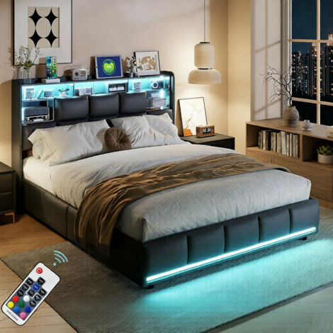 Lit coffre 140x190 cm avec Sommier, lit 140x190 cm avec éclairage LED réglable,ports USB, PU, ​​espace de rangement hydraulique, sommier à lattes, lit adulte lit double capitonné - Noir