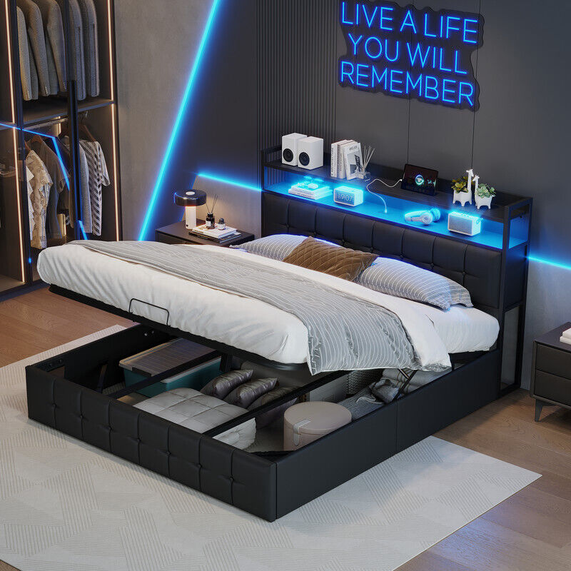 Lit coffre 140x190 cm avec sommier, lit double adulte, Éclairage LED, tête de lit ouverte, rangement, 2 ports USB/C, structure métallique - PU - Noir Lit coffre 140x190 cm avec sommier, lit double adulte, Éclairage LED, tête de lit ouverte, rangement, 2 ports USB/C, structure métallique - PU - Noir