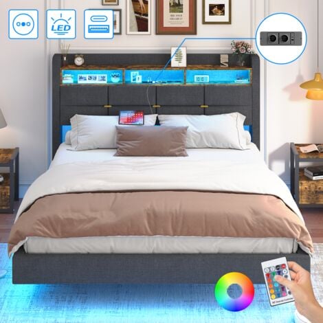 JANZDIYS 140x190 cm avec sommier, lit flottant avec éclairage LED et 2 prises ca, port USB & Type C, tête de lit rembourrée avec rangement, structure stable, effet flottant, tissu en lin gris