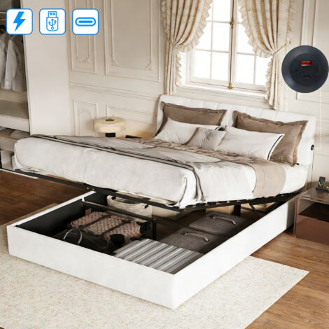 Lit coffre 140x190 cm avec Sommier, tête de lit rembourrée avec chargement USB Type-C, 2 Personnes, espace de rangement hydraulique, tissu Sherpa, blanc