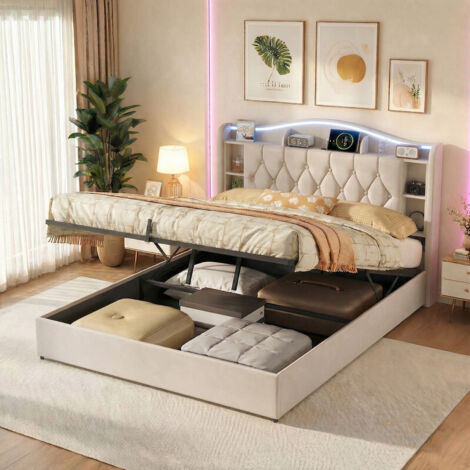 Lit coffre 140x190 cm avec système hydraulique, LED et ports de charge, tête de lit avec rangement, sommier à lattes cadre en métal noir, lit double rembourré en velours beige, style moderne pour cham