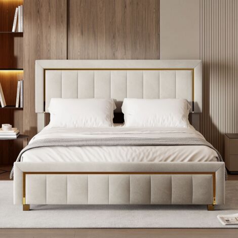 Lit Coffre 140x190 cm, avec Tête de Lit Capitonnée en Velours, avec Bord Doré et Fonction , Beige