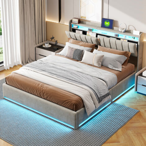 Lit coffre 140x190 cm avec USB et Type-C, Lit double 140x190 cm avec LED et sommier à lattes, Tête de lit avec rangement, Velours Beige