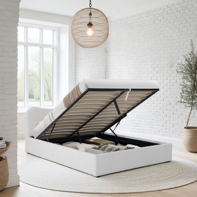LIT COFFRE 140x190 CM COCOON+ SOMMIER / Tissu Bouclette Blanc/ 208x149x105