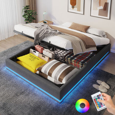 Lit coffre 140x190 cm en lin girs avec éclairage LED, lit avec sommier sans tête de lit, lits 2 personnes à lattes en bois et structure en métal, lits double gris