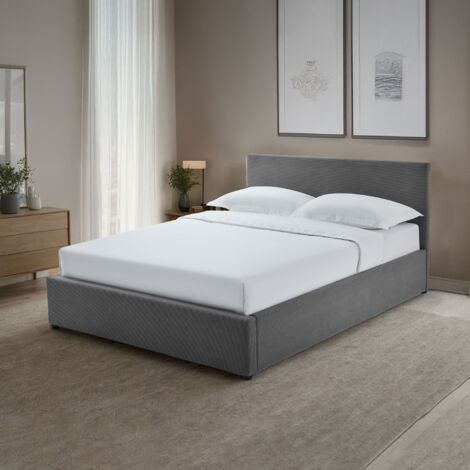 Lit coffre 140x190 cm en velours côtelé gris + sommier à lattes