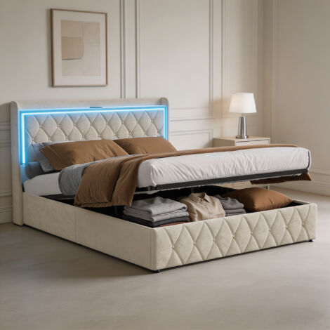 Lit coffre 140x190 cm en velours, tête de lit avec charge USB et bande LED réglable, Grand coffre de rangement, Sommier à lattes inclus, Lit capitonné pour adultes et adolescents