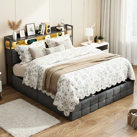 Lit coffre 140x190 cm, lit 140x190, avec espace de rangement, bande lumineuse LED intégrée et ports de recharge USB, sommier à lattes en bois, lin, design, Gris