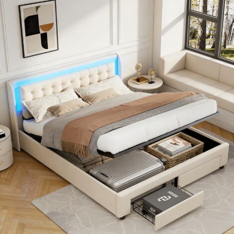 Lit coffre 140x190 cm, lit 140x190 avec sommier LED, lit double capitonné avec 2 tiroirs et sommier à lattes, velours, Beige