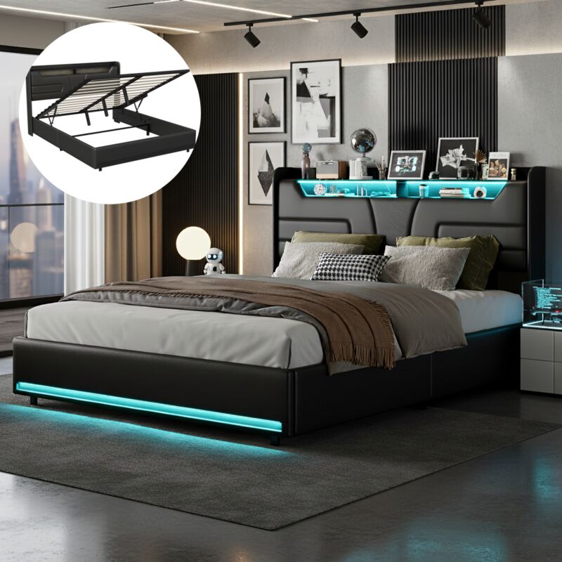 Dans Les Nuages – Lit coffre 140x190 cm avec éclairage LED réglable – Rangement hydraulique – Sommier à lattes – Similicuir noir texturé