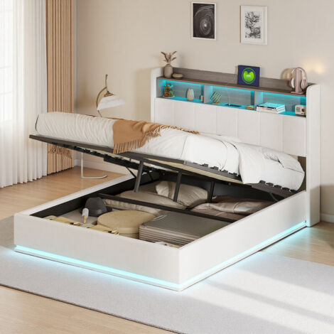 Lit Coffre 140x190 cm, Lit 140x190cm, Lit Double avec LED et Ports USB, Lit Capitonné, Tete de Lit avec Rangement, Système de Levier Hydraulique, Velour, Blanc