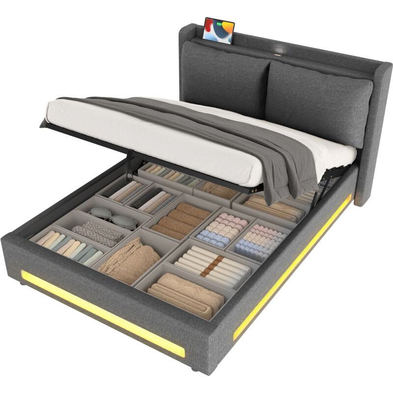 Lit coffre 140x190 cm Lit adouble avec rangements intégrés + recharge USB-C + éclairage LED + Tête de lit et oreillers amovibles -velours - gris