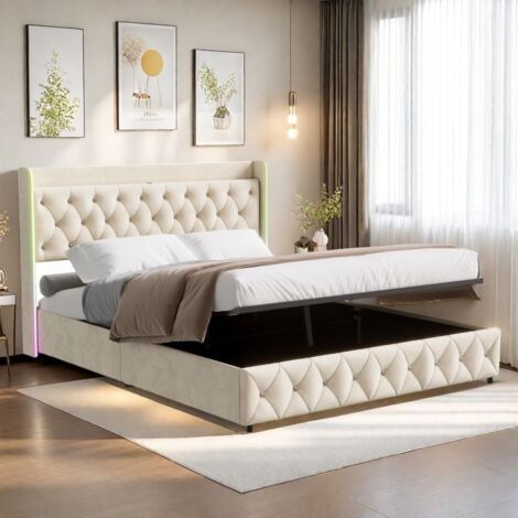 Lit Coffre 140x190 cm, Lit adulte avec sommier à lattes, Coffre de rangement, Lit double avec LED intégrée, Tissu velours, Beige