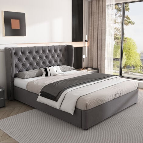 Lit coffre 140x190 cm, lit adulte, lit capitonné velours en forme d'oreille avec sommier à lattes, gris, sans matelas
