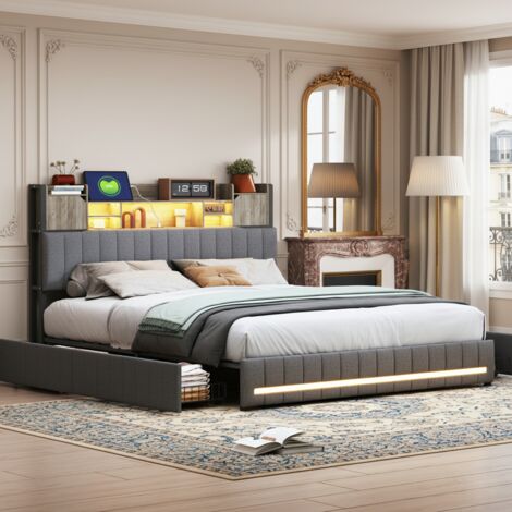 Lit coffre 140x190 cm, lit capitonné, tête de lit avec rangement et station de recharge, éclairage LED intelligent, tissu de lin, lit ado - gris