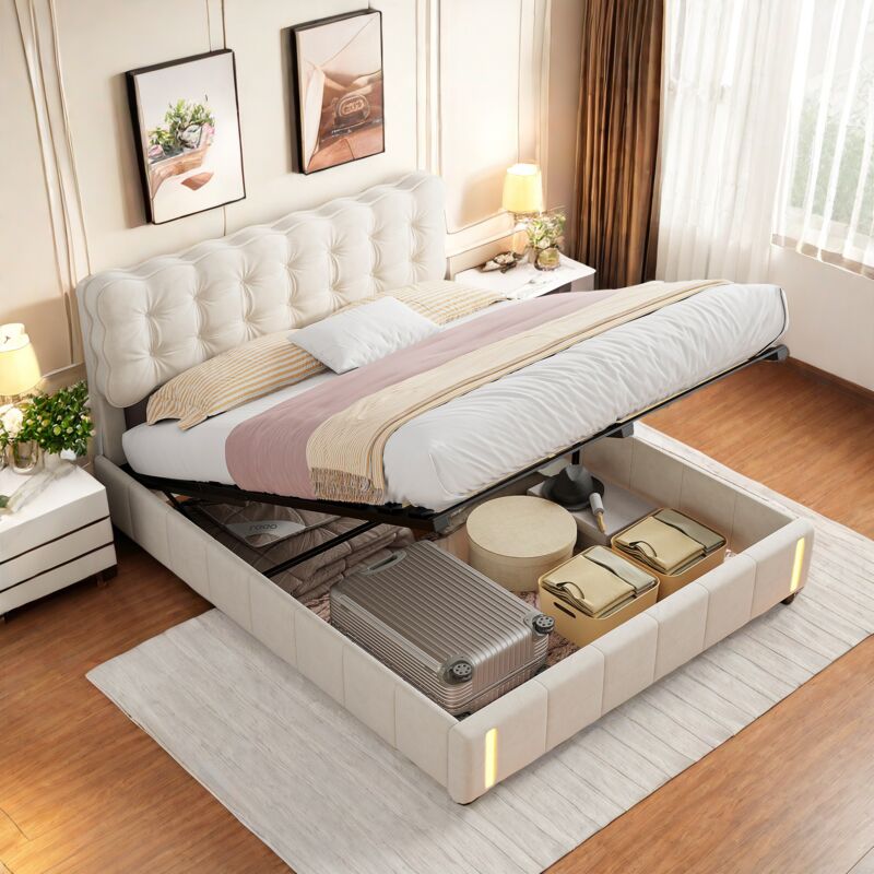 Lit coffre 140x200 cm, lit double capitonné avec éclairage LED,espace de rangement hydraulique, sommier à lattes, lit adulte, velours, beige