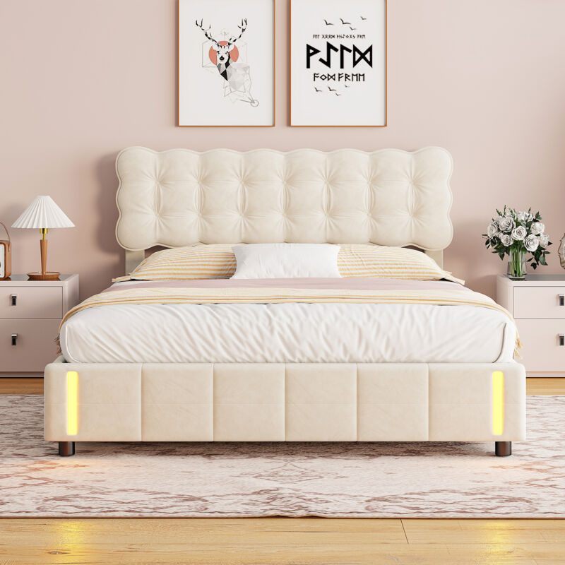 Lit coffre 160x200 cm, lit double capitonné avec éclairage LED,espace de rangement hydraulique, sommier à lattes, lit adulte, velours, beige