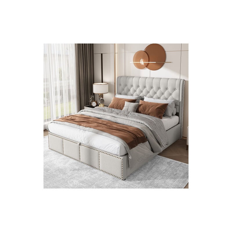 Wishdor - Lit coffre 140x190 cm, lit double capitonné avec sommier à lattes, décor clouté, sans matelas, gris