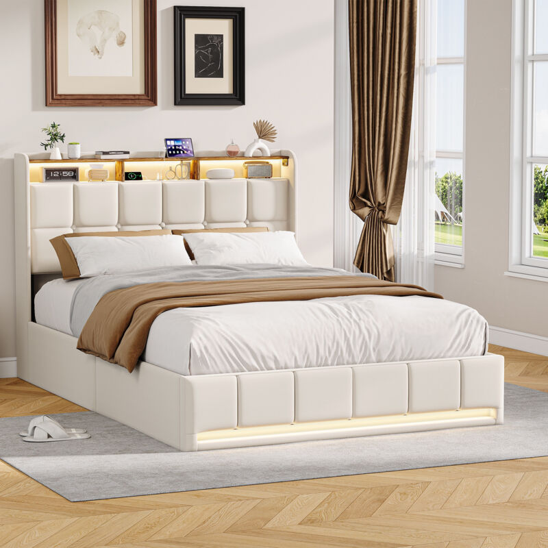 Lit coffre 140x200 cm - Lit double Moderne avec tête de lit de rangement, LED & USB/Type-C - Lin - Beige