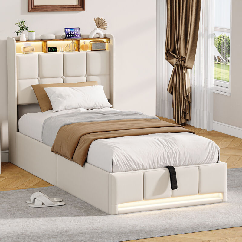 Lit coffre 90x200 cm - Lit simple Moderne avec tête de lit de rangement, LED & USB/Type-C - Lin - Beige