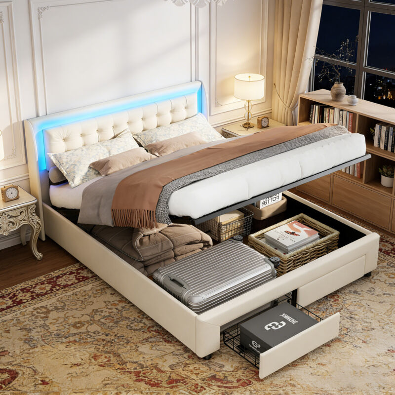 Lit coffre 140x190 cm - Lit rembourré avec 2 tiroirs et Espace de Rangement - Hydraulique - Sommier à Lattes - LED - Velours beige