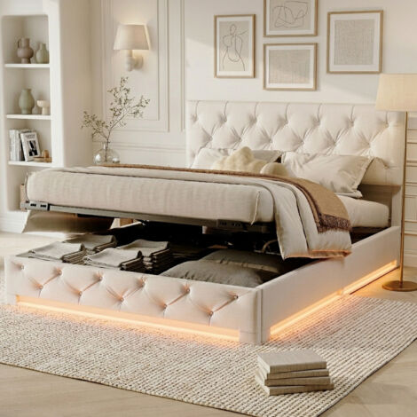 Lit coffre 140x190 cm, lit rembourré avec sommier hydraulique et sommier à lattes, lit double avec tête de lit réglable en hauteur et éclairage LED, lit fonctionnel, lit jeune, cadre de lit en tissu l