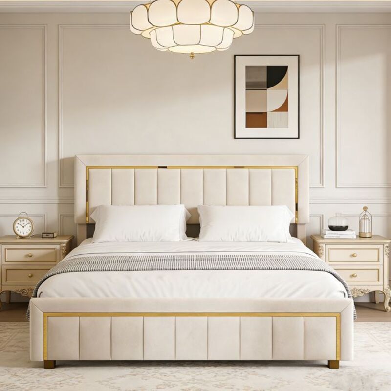 Lit coffre 140x190 cm - POCKETPOP - Tissu velours - Bordure plaquée or - Rangement pratique - Style moderne classique