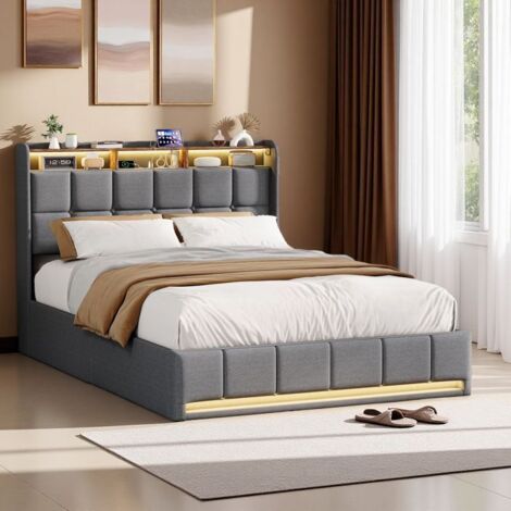 Lit coffre 140x190 cm, Structure de lit 140x190 cm avec sommier, Lit audlte, 2 personnes, Coffre de rangement, Tissu lin, Gris