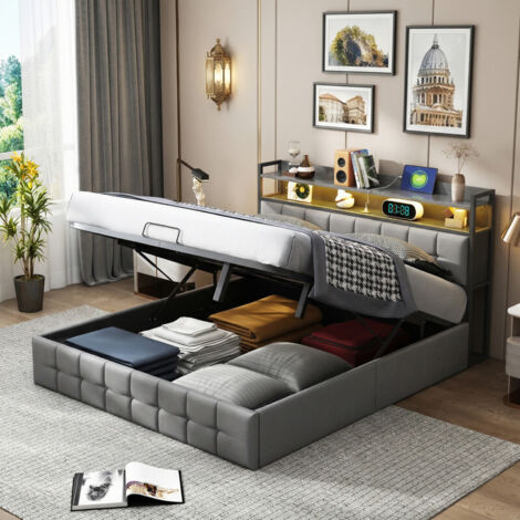 Lit coffre 140x190 cm, tête de lit capitonnée avec led, chargement USB, rangement hydraulique, cadre en métal noir, sommier à lattes, style moderne,lin gris