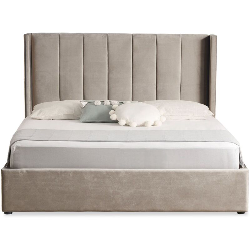 Cotecosy – Lit double coffre 160x200cm – Sommier relevable avec vérins à gaz – Velours taupe – Tête de lit capitonnée élégante Cotecosy – Lit double coffre 160x200cm – Sommier relevable avec vérins à gaz – Velours taupe – Tête de lit capitonnée élégante