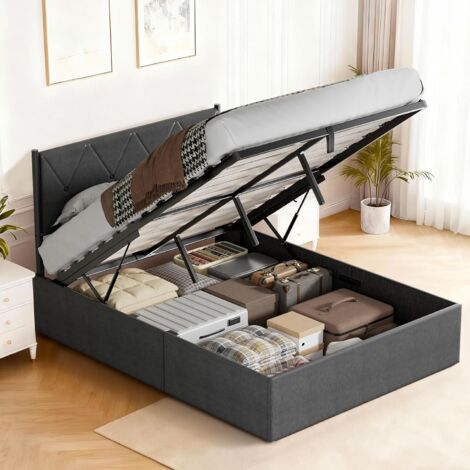 Lit Coffre 140x190 DEWINNER – Lit 140 x 190 avec Sommier à Lattes en Bois – Système Hydraulique avec Rangement Caché – Cadre de Lit en Lin Gris Foncé – Chambre Organisée (sans Matelas)