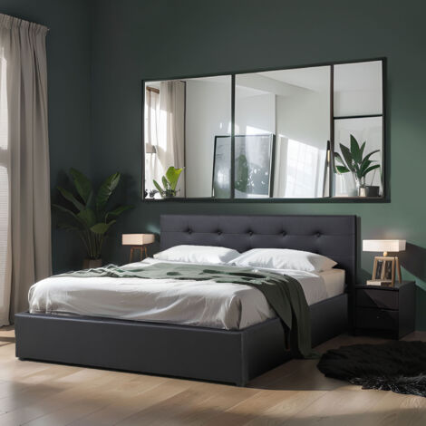 Lit coffre 140x190 en PU noir avec tête de lit + sommier à lattes