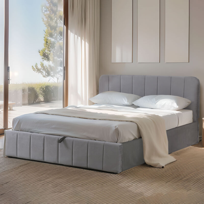 M&s - Lit coffre 140x190 en velours gris avec tête de lit + sommier à lattes M&s - Lit coffre 140x190 en velours gris avec tête de lit + sommier à lattes
