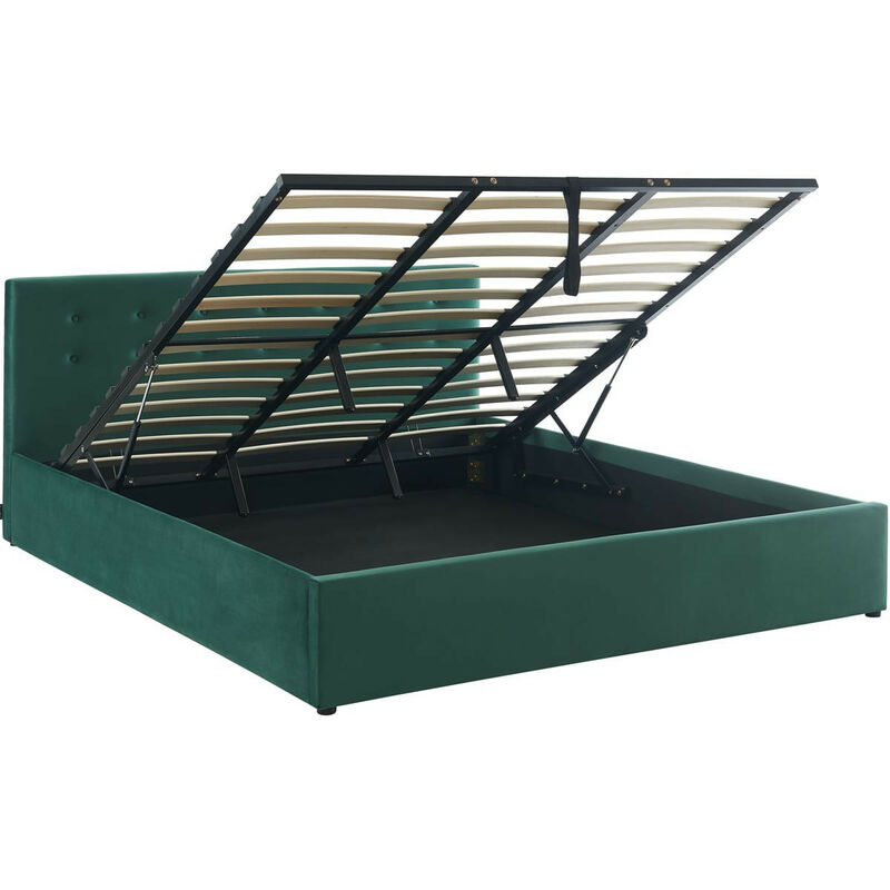 Homifab - Lit coffre 180x200 en velours vert avec tête de lit et sommier à lattes - Tina